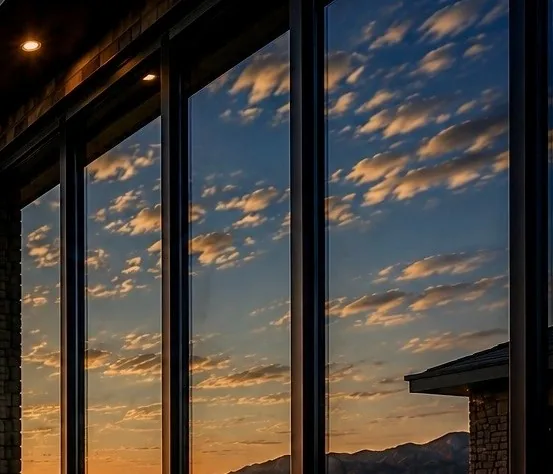 Close-up of the home's floor-to-ceiling glass wall reflecting the sunset