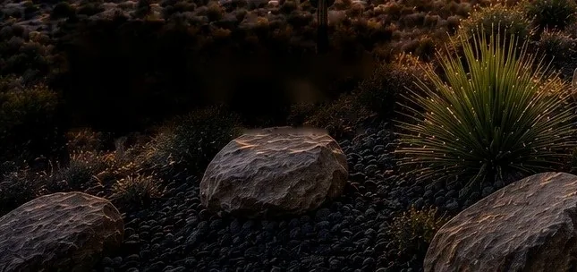 Desert rock landscaping detail alongside the home