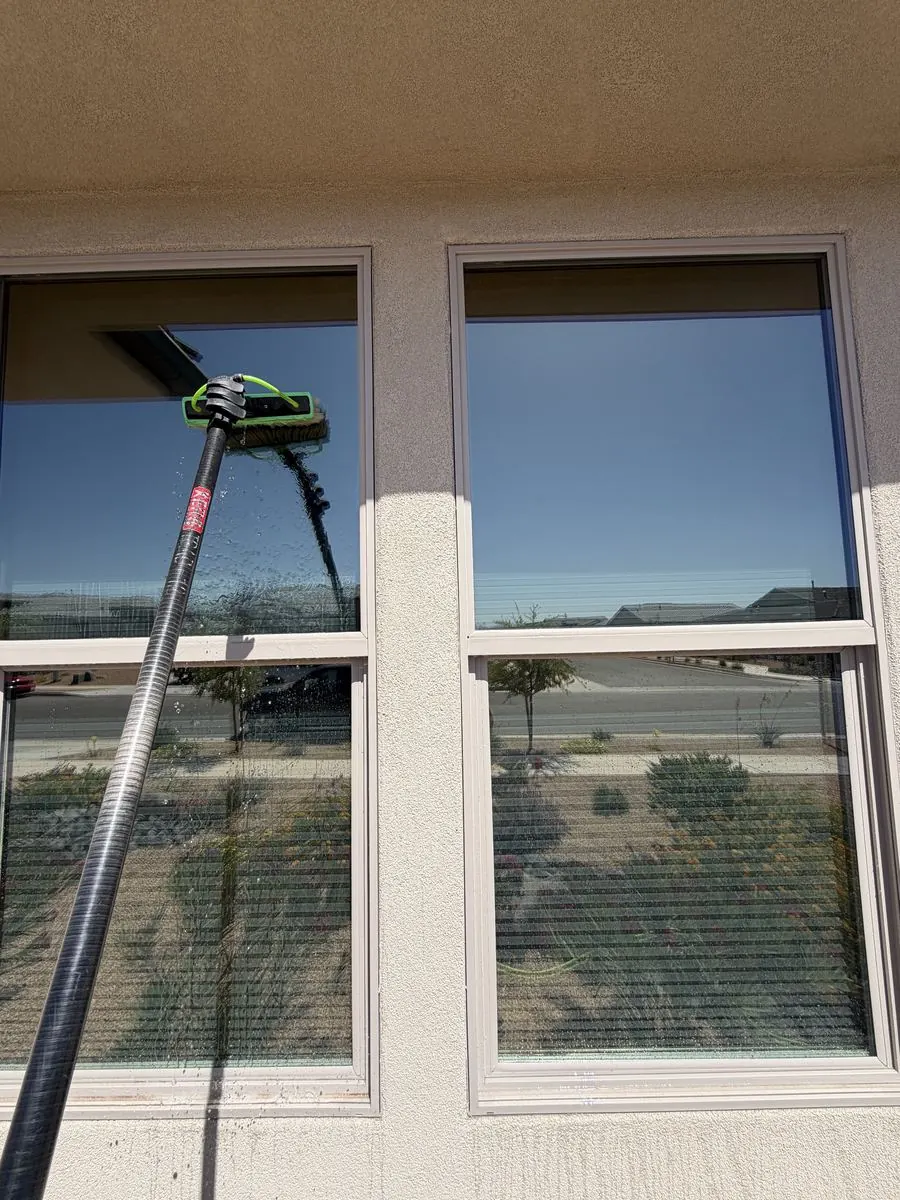 Double-hung window cleaned, tree reflection in the glass