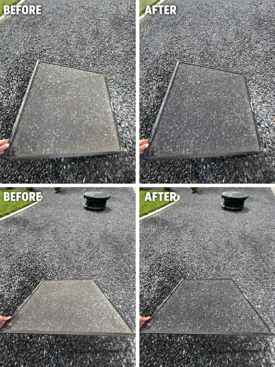 Pressure washing rust stains off a patio, mid-clean