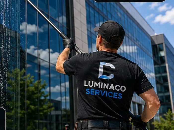 LuminaCo technician cleaning a commercial storefront window