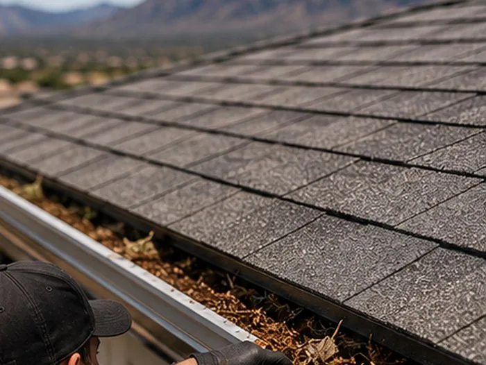 LuminaCo technician clearing debris from a roof gutter