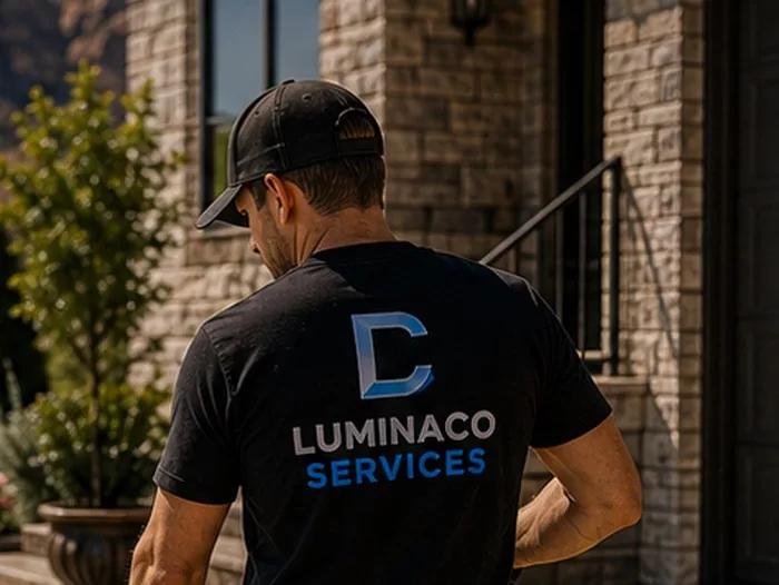 LuminaCo technician pressure washing a driveway