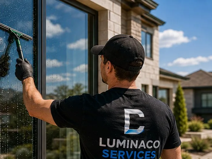 LuminaCo technician squeegeeing a residential window