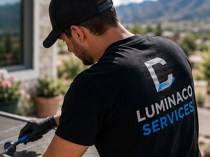 LuminaCo technician repairing a window screen