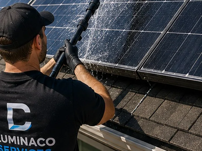 LuminaCo technician cleaning rooftop solar panels